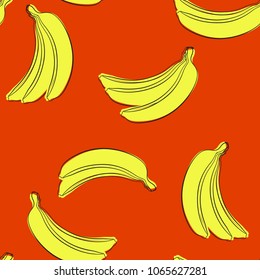 Seamless Banana Pattern in Hipster Style. Fruit Illustration. Stylized Yellow Bananas on the Orange Background. Seamless Bananas for Wallpaper, Wrapping, Web Design, Textile, Fabric, Tile, Tablecloth.