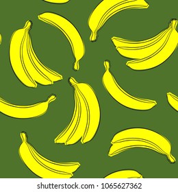 Seamless Banana Pattern in Hipster Style. Fruit Illustration. Stylized Yellow Bananas on the Green Background. Seamless Bananas for Wallpaper, Wrapping, Web Design, Textile, Fabric, Tile, Tablecloth.