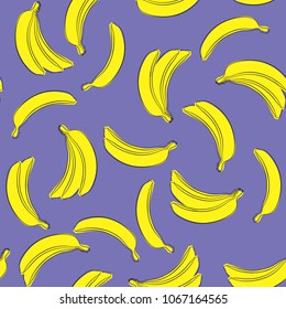 Seamless Banana Pattern in Hipster Style. Fruit Illustration. Stylized Yellow Bananas on the Violet Background. Seamless Bananas for Wallpaper, Wrapping, Web Design, Textile, Fabric, Tile, Tablecloth.