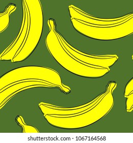 Seamless Banana Pattern in Hipster Style. Fruit Illustration. Stylized Yellow Bananas on the Green Background. Seamless Bananas for Wallpaper, Wrapping, Web Design, Textile, Fabric, Tile, Tablecloth.