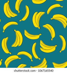 Seamless Banana Pattern in Hipster Style. Fruit Illustration. Stylized Yellow Bananas on the Blue Background. Seamless Bananas for Wallpaper, Wrapping, Web Design, Textile, Fabric, Tile, Tablecloth.