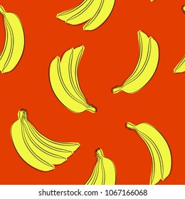Seamless Banana Pattern in Hipster Style. Fruit Illustration. Stylized Yellow Bananas on the Orange Background. Seamless Bananas for Wallpaper, Wrapping, Web Design, Textile, Fabric, Tile, Tablecloth.