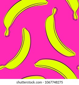 Patrón de plátanos sin problemas al estilo Hipster. Ilustración de frutas. Plátanos amarillos estilizados en el fondo rosado. Plátanos sin inconvenientes para papel tapiz, envolver, Diseño Web, Textil, Tela, Tejido.