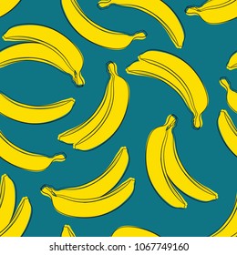 Seamless Banana Pattern in Hipster Style. Fruit Illustration. Stylized Yellow Bananas on the Blue Background. Seamless Bananas for Wallpaper, Wrapping, Web Design, Textile, Fabric, Tile, Tablecloth.