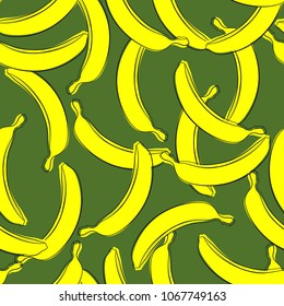 Seamless Banana Pattern in Hipster Style. Fruit Illustration. Stylized Yellow Bananas on the Green Background. Seamless Bananas for Wallpaper, Wrapping, Web Design, Textile, Fabric, Tile, Tablecloth.