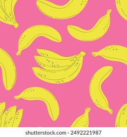 Nahtloses Bananenmuster im Hipster-Stil. In: Fruit Illustration. Stilisierte gelbe Bananen auf dem orangen Hintergrund. Nahtlose Bananen für Bildschirmhintergrund, Verpackung, Webdesign, Textil, Stoff, Fliesen, Tischdecke