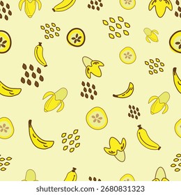 Ilustração padrão banana sem costura com design amarelo brilhante, perfeito para fundo, têxtil, embalagem e decoração.