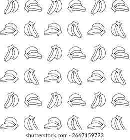 Seamless banana pattern line art vector in black outline, ideal for tropical designs, fabric prints, and fruity backgrounds.