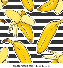 Nahtlose Bananenmuster auf rosafarbenem Hintergrund. Trendy Summer Food Ornament für Textilien oder Tapeten