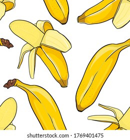Seamless banana pattern on white background. Trendy summer food ornament for textile or wallpaper