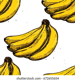 Seamless Banana Pattern on White Background. Hand Drawn Sketch Vector Illustrations.