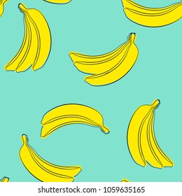 Seamless Banana Pattern in Pastel Color Design. Fruit Illustration. Stylized Yellow Bananas on the Blue Background. Seamless Bananas for Wallpaper, Wrapping, Web Design, Textile, Fabric, Tablecloth.