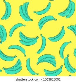 Seamless Banana Pattern in Pastel Color Design. Fruit Illustration. Stylized Blue Bananas on the Yellow Background. Seamless Bananas for Wallpaper, Wrapping, Web Design, Textile, Fabric, Tablecloth.