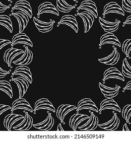 Patrón de plátano sin foco con lugar para el texto. Vector de garabatos con iconos de banana sobre fondo negro. Patrón vintage de banana