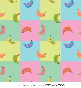 Seamless banana pattern. Pop art style fruit vector illustration. Bright colors and contrast background for Wallpaper, Wrapping paper, Banner, postcard design, Package, Textile, Printing, Shopping bag