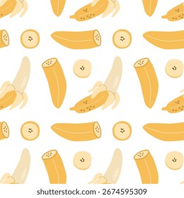 Padrão de banana sem costura com fatias e pedaços inteiros sobre fundo branco.