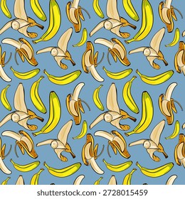 Padrão de banana sem costura com frutas inteiras e descascadas no fundo azul. Ilustração de comida tropical desenhada à mão para têxteis, embalagem, papel de parede, decoração de cozinha e design de tecido.
