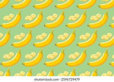 Seamless banana pattern with whole and sliced bananas on a soft green background. Perfect for textiles, wallpapers, packaging, and healthy food designs.