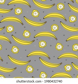 Seamless banana pattern. Yellow bananas and slice on grey background.