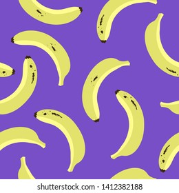 Seamless banana pop art pattern. Cartoon vector illustration of yellow bananas on a purple background. Summer fruits illustration.