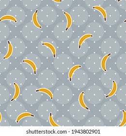 Seamless banana vector pattern. Repeat summer fruit background with healthy organic elements. Trendy grey and white polka dots fashion print design. Modern illustration.