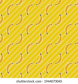 Seamless banana vector pattern. Repeat summer fruit background with healthy organic elements. Trendy yellow stripes fashion print design. Modern illustration.