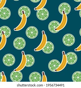 Seamless banana vector pattern. Repeat healthy fruit background with organic lime slice elements. Trendy cute summer orange fashion print design. Modern illustration.