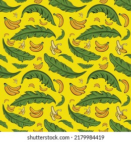 Seamless bananas pattern. Banana Leaf Vector Illustration