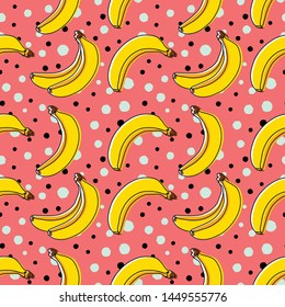Seamless bananas pattern with black and white spots. Banana yellow vector pattern with pink background.  