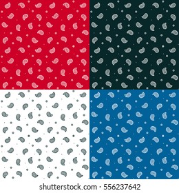 Seamless Bandana Pattern Set In Different Colors. Traditional Paisley Texture, Vector Illustration.