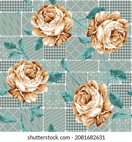 seamless bandanna geometric pattern and flower pattern on green background
