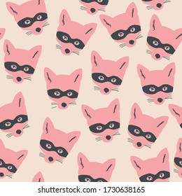 Seamless bandit fox pattern. Stylish repeating texture. Repeating texture with fox heads. Pink and beige background.