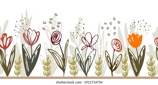 Seamless baner pattern from hand-drawn outline flowers, tulips and plants. Botanical background, vector illustration for printing on a cup, fabric border