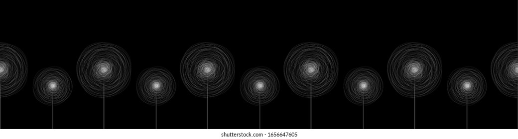 Seamless banner with abstract flowers. Dandelions pattern. Vector illustration. White chaotic flowers. Silhouette with white flowers on a black background. Print pattern. White Dandelions banner.