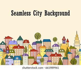 Seamless banner background with rows of colorful cartoon houses
