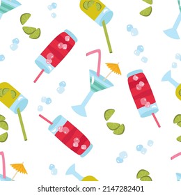 Seamless banner with beach cocktails with ice. Refreshing drink in glasses with tubes. Blue in layers, pink berry and green with lime. Vector background of sunny summer for printing on paper or fabric