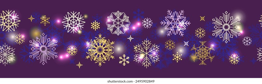 Seamless banner. Blue, lilac, golden snowflakes and sparkles on a dark blue background. Vector