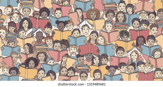 Seamless Banner Of Children Reading Colorful Books, 