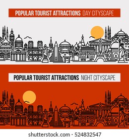 Seamless banner of cityscape with world's most popular tourist attractions. Flat line vector  travel, tourism and journey concept