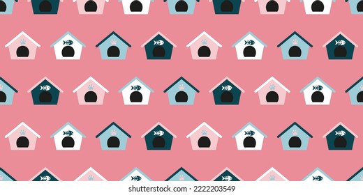 Seamless banner with colorful cat houses