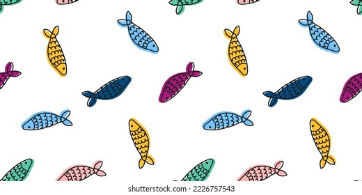 Seamless banner with colorful hand drawn fish