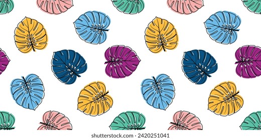 Seamless banner with colorful monstera leaves