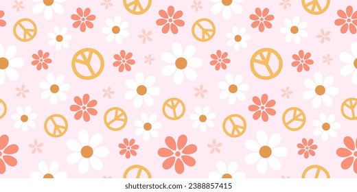 Seamless banner with colorful peace signs and daisy flowers