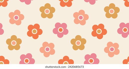 Seamless banner with colorful retro flowers and beige background