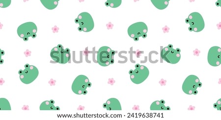 Seamless banner with cute frogs and pink flowers