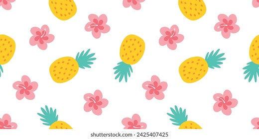 Seamless banner with cute pineapples and Hibiscus flowers