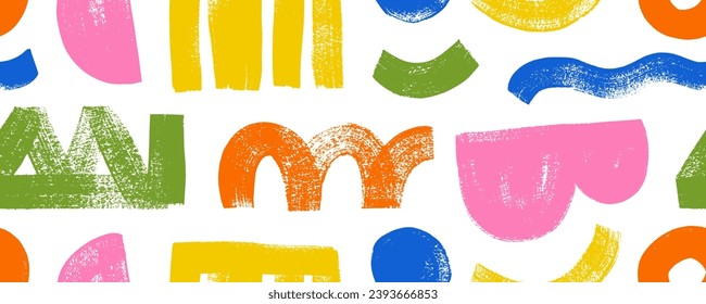 Seamless banner design background with bold brush drawn geometric shapes like circles, zigzag, triangles. Naive playful abstract shapes in doodle grunge style in multi colored. Vector colorful pattern