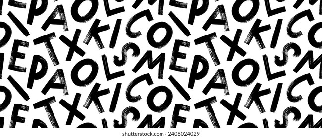 Diseño de pancartas impecable con letras mayúsculas dibujadas en negrita. Fondo de letras aleatorias dispersas. Tipografía dibujada con pincel, patrón sin fisuras en el estilo de grunge. Tipo de letra negrita vectorial.