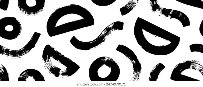 Seamless banner design with bold brush-drawn geometric shapes. Hand drawn thick waves and semicircles. Abstract vector seamless pattern in grunge doodle style with rough edges elements.