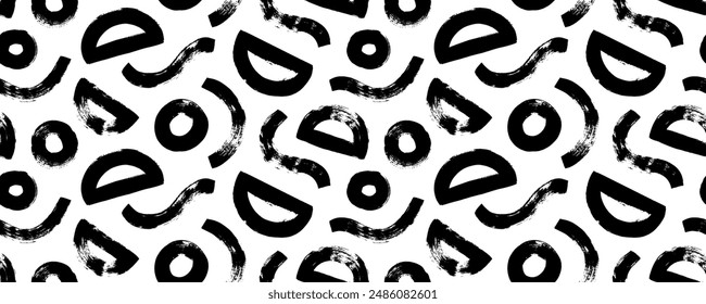 Seamless banner design with bold brush-drawn geometric shapes. Hand drawn thick waves and semicircles. Abstract vector seamless pattern in grunge doodle style with rough edges elements.